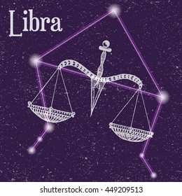 Hand drawn zodiac sign of Libra and constellation. Vector illustration isolated on vintage background. Detailed drawing in line art graphic style. Tattoo sketch, textile, brochure, card design.