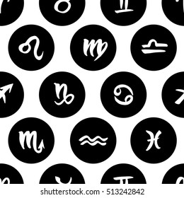 Hand drawn zodiac signs in circles seamless pattern. Vector graphics astrology background in black and white.