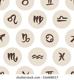 Hand drawn zodiac signs in circles seamless pattern. Vector graphics astrology background in brown over white.