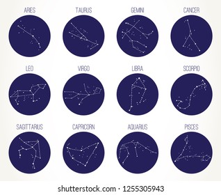 Hand drawn Zodiac signs constellations set. Vector graphics astrology illustration. Western horoscope mystic symbols collection, dark blue circles over white.