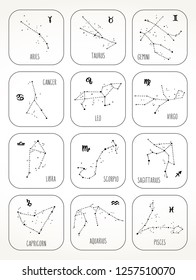 Hand drawn Zodiac signs constellations set. Vector graphics astrology illustration. Western horoscope mystic symbols collection in black and white.