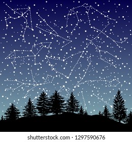 Hand drawn Zodiac signs constellations set over the night sky. Vector graphics astrology illustration. Western horoscope mystic symbols collection.