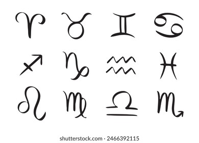 Hand drawn zodiac signs. Doodle Esoteric symbol set. Astrology clipart design Elements . Vector illustration