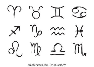 Hand drawn zodiac signs. Doodle Esoteric symbol set. Astrology clipart design Elements . Vector illustration