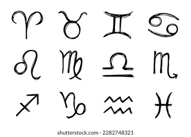 Hand drawn zodiac signs Esoteric symbol doodle set Astrology clipart Elements for design