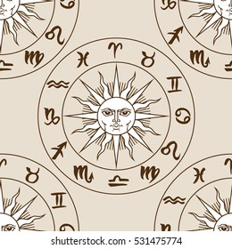 Hand drawn zodiac signs and medieval sun seamless pattern. Vector graphics astrology vintage brown background.