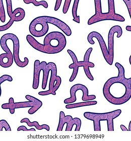 Hand drawn zodiac signs seamless pattern. Doodle horoscope icons set.