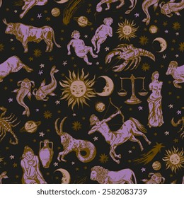 Hand drawn zodiac signs seamless pattern with sun, moon, planets, comet, stars in black and purple colors. Astrological background design.