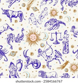 Hand drawn zodiac signs seamless pattern with sun, moon, planets, comet, stars. Astrological background design.