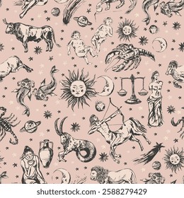 Hand drawn zodiac signs seamless pattern with sun, moon, planets, comet, stars. Astrological background design.