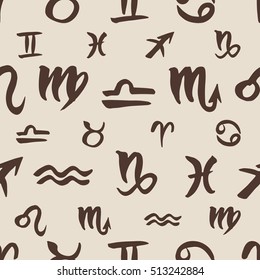 Hand drawn zodiac signs seamless pattern. Vector graphics astrology background in brown color.