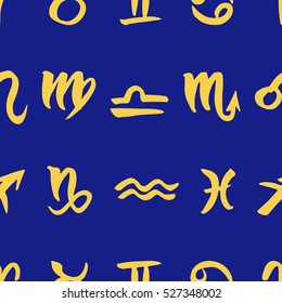 Hand drawn zodiac signs seamless pattern. Vector graphics astrology background in yellow over blue.