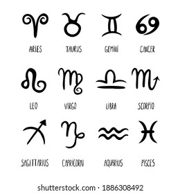 Hand drawn zodiac signs set isolated on white background. 
 Signs for astrology horoscope. Astrological calendar collection, horoscope constellation vector illustration.