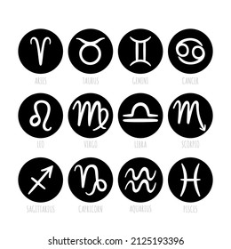 Hand drawn zodiac signs set. Astrological mystical symbols, icons. Calendar collection. Horoscope. Vector illustration