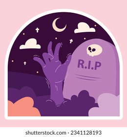 Hand Drawn of Zombie hand come out from ground grave Halloween sticker illustration clipart Free Vector