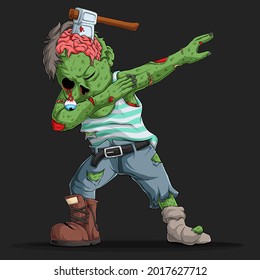 Hand drawn zombie doing dabbing dance with a cleaver in his head, monster character doing dab move