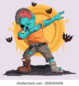 Hand drawn zombie doing dabbing dance with bats around him, scary character doing dab movement