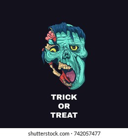 Hand Drawn Zombie Face with Brain. Vector illustration