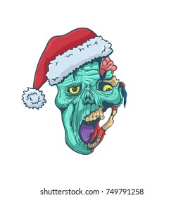 Hand Drawn Zombie Face with Santa Hat. Vector illustration