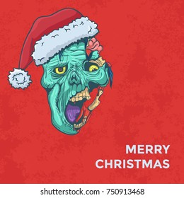 Hand Drawn Zombie Face with Santa Hat. Vector illustration