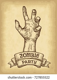 Hand drawn zombie hand and ribbon banner on old craft paper texture background. Template for your design works. Engraved style vector illustration.