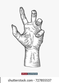 Hand drawn zombie hand. Template for your design works. Engraved style vector illustration.