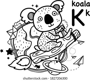 Hand drawn.Alphabet Letter K-koala illustration, vector