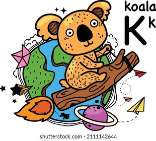 Hand drawn.Alphabet Letter K-koala illustration, vector