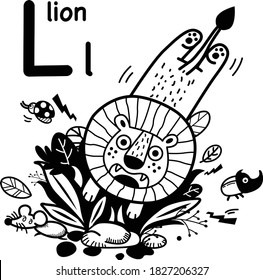 Hand drawn.Alphabet Letter L-lion illustration, vector