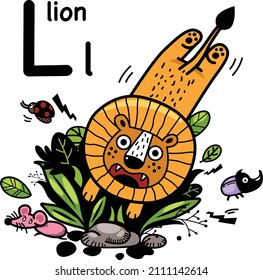 Hand drawn.Alphabet Letter L-lion illustration, vector