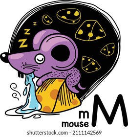 Hand drawn.Alphabet Letter M-mouse illustration, vector