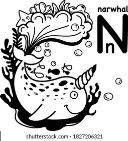 Hand drawn.Alphabet Letter N-narwhal illustration, vector