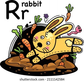 Hand drawn.Alphabet Letter R-rabbit illustration, vector