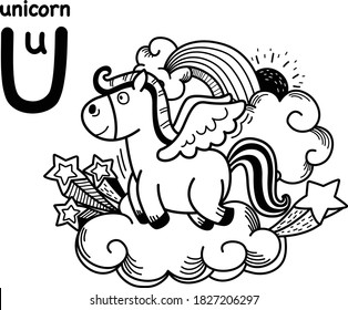 Hand drawn.Alphabet Letter U-unicorn illustration, vector