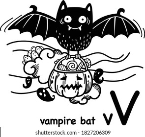 Hand drawn.Alphabet Letter V-vampire bat illustration, vector