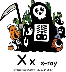 Hand drawn.Alphabet Letter X-x-ray illustration, vector