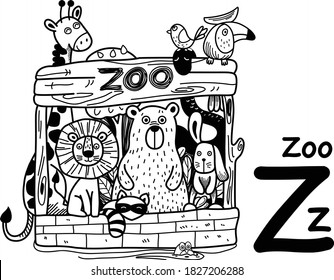 Hand drawn.Alphabet Letter Z-zoo illustration, vector