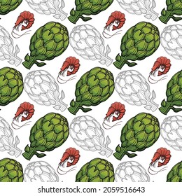 Hand drawnartichokes and shrimps on a white background .