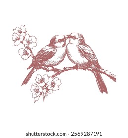 Hand drawnBirds couple sitting on sakura or cherry blossom tree branch, spring clipart sketch style artistic