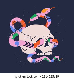 Hand drawnd cute skull with snake on the background. Trendy design to print. Creepy colorful skull head and reptile. Isolated cartoon print for t shirt; card; poster; tattoo.