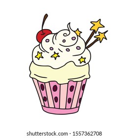 Hand drawn.Food and drink.Ice cream cupcake, with cherry berry and decorated with stars in the form of sprinkles.