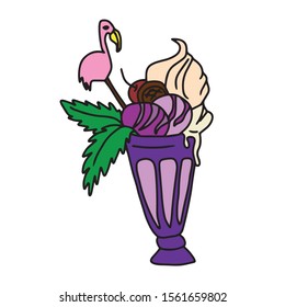 Hand drawn.Food and drink.Ice cream in a glass glass, decorated with green leaves, cookies, cherries and flamingos on a stick.