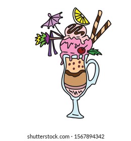 Hand drawn.Food and drink.Ice cream in a glass glass, decorated with cookies tube, cherry mint leaf lemon slice and an umbrella.