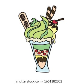 Hand drawn.Food and drink.Ice cream green, mint color with cookies and tubes, cherry on the ball
