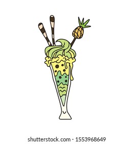 Hand drawn.Food and drink.In a glass glass cocktail ice cream decorated with pineapple on a stick and tubes cookies.