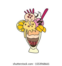 Hand drawn.Food and drink.In a glass glass, three balls of ice cream with a slice of orange, mango and pink hearts.Decorated with pink sticks and straw