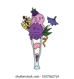 Hand drawn.Food and drink.In a glass glass two balls of ice cream with BlackBerry berries on top, decorated with leaves, umbrella, waffle, cookies