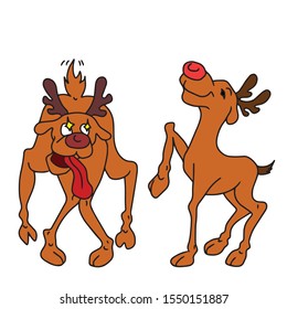 
Hand drawn.Holiday.Animals. Two funny deer with brown horns.One has stars in his eyes and a tongue sticking out.