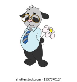 Hand drawn.Holiday.Panda in glasses, dressed in a shirt and tie, behind a Daisy flower.