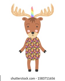 Hand drawnillustration of a cute funny moose with a unicorn horn. Scandinavian style flat design. Concept for children print.